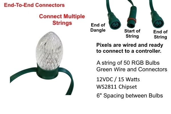 RGB Strings 12V - 50 Count Bulbs 6" (With Dangles) - LOR End Connector