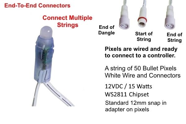RGB Strings 12V - 50 Count Bullet 6" (No Dangles) - LOR End Connector